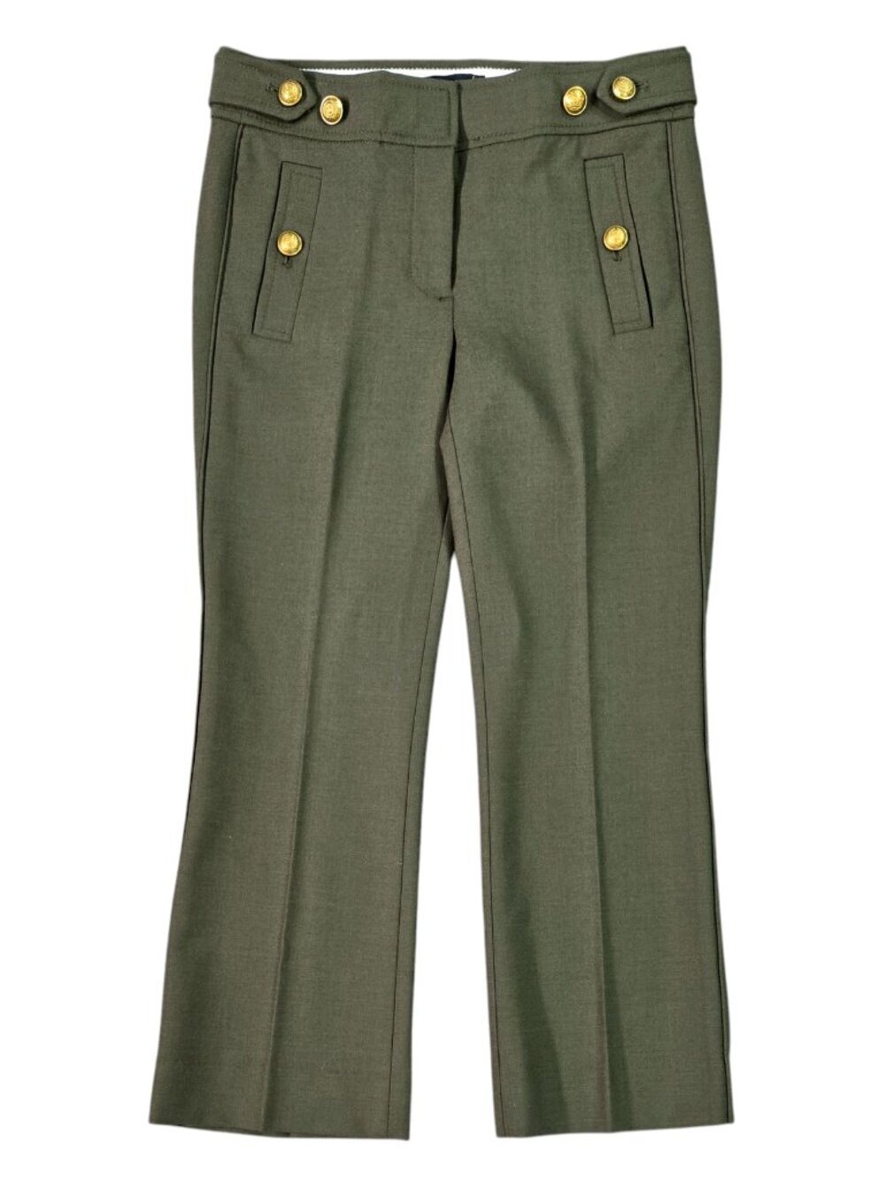 J. Crew NWT Olive Green Wool Blend Crop Pant Gold Button Trim F5723 Rare PETITE